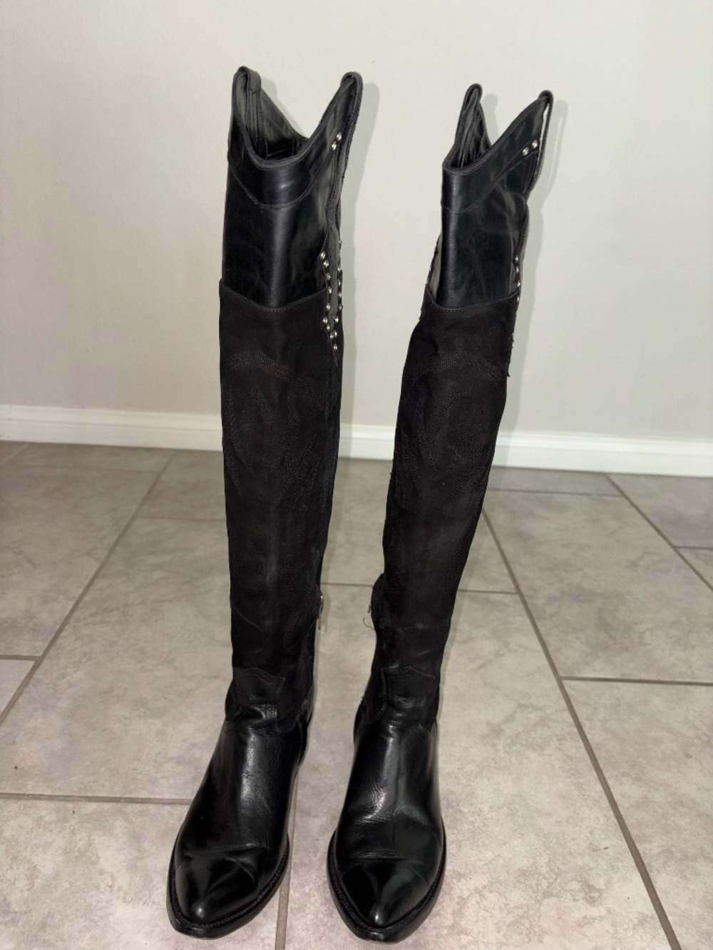VINTAGE RARE!! OLD GRINGO Black Leather Suede Over Knee Crystal Western Boot 8 - Picture 13 of 15